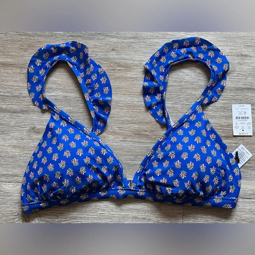 J Crew Women's Printed Ruffle-Shoulder Vneck Bikini Top Blue
